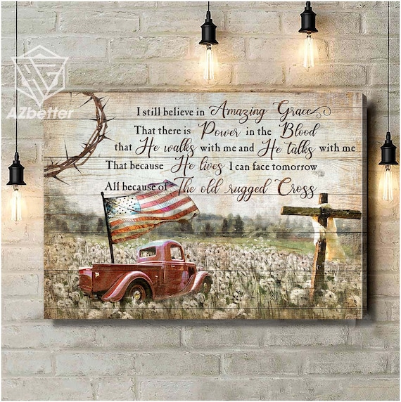 Amazing Grace Farmhouse Sign with Red Truck Flag and Wooden Cross Poster