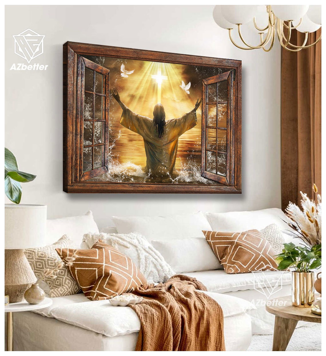 Jesus Praying Arms Raised Water Glowing Cross Doves Window Poster - Image 4