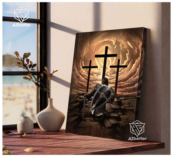 Knight Kneeling Before Three Crosses Heavenly Light Old Rugged Poster
