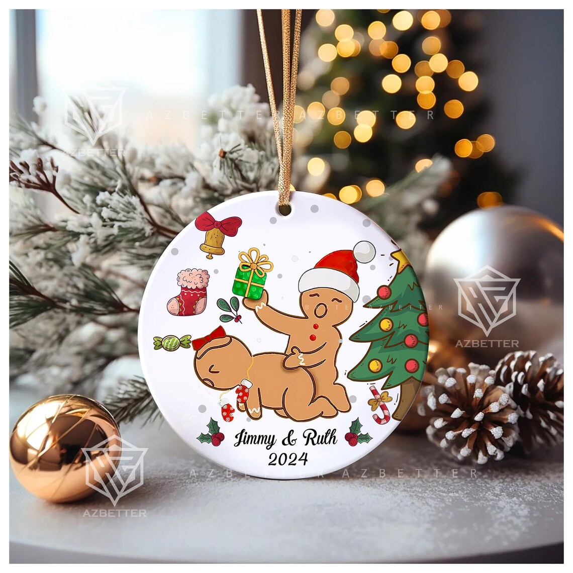Naughty Gingerbread Couple Personalized 2024 Christmas Ornament Poster - Image 2
