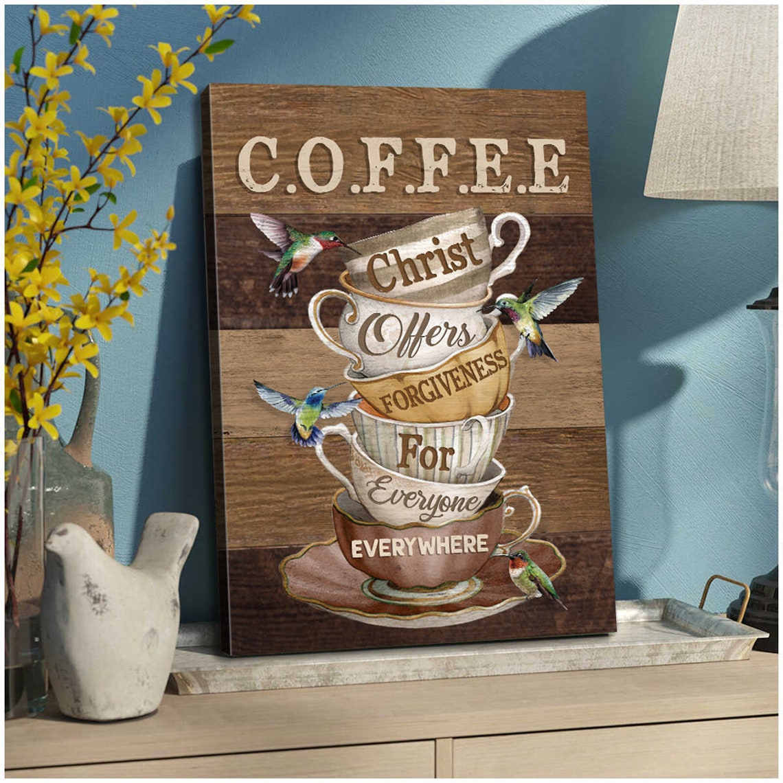 Stacked Vintage Teacups C.O.F.F.E.E. Hummingbirds Christian Poster