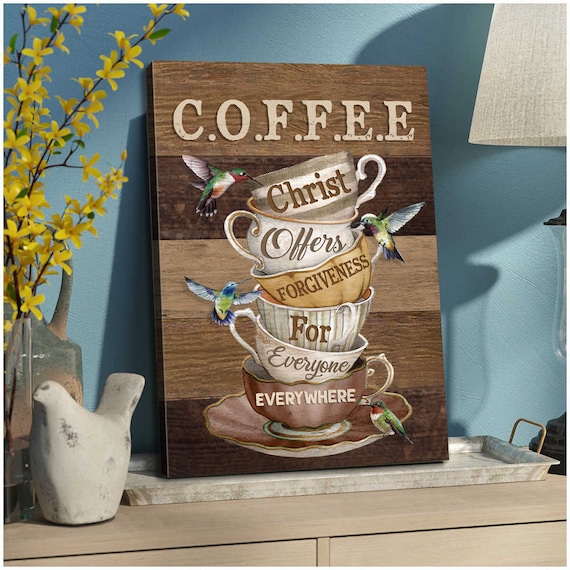 Stacked Vintage Teacups C.O.F.F.E.E. Hummingbirds Christian Poster