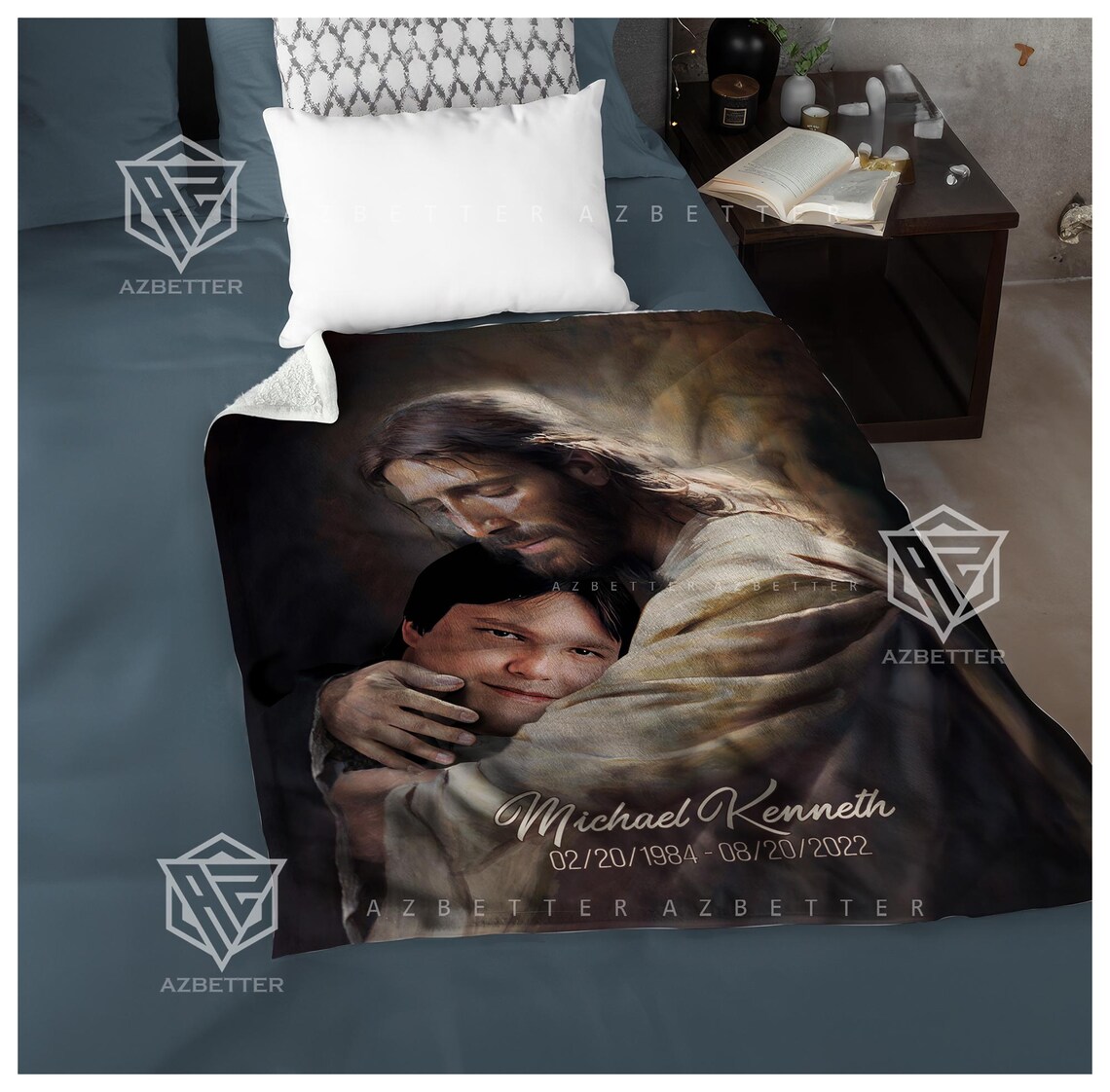 Christmas In Heaven Jesus Embracing Loved One Memorial Blanket Poster - Image 2