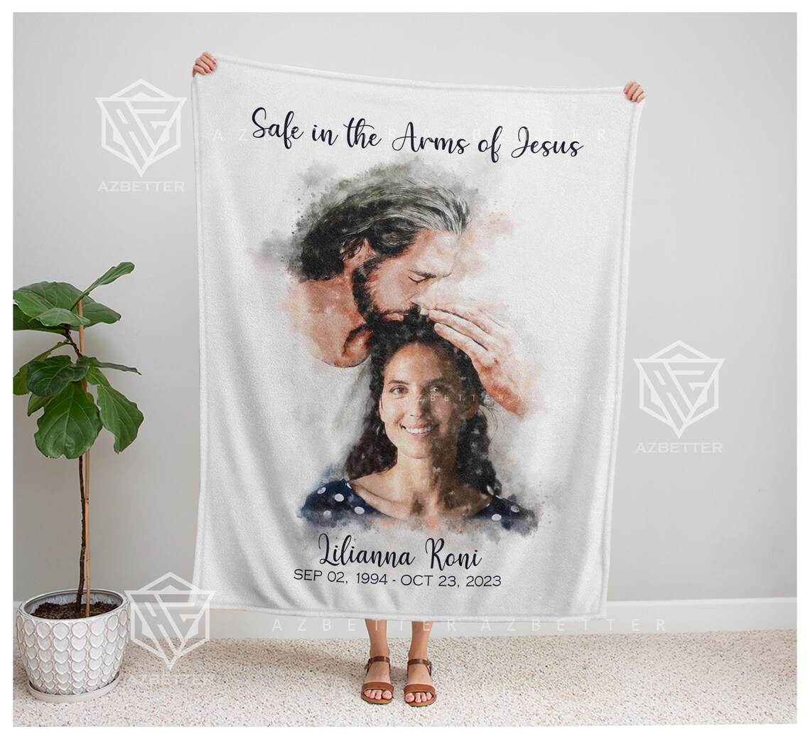 Safe in the Arms of Jesus Memorial Blanket Watercolor Portrait Print