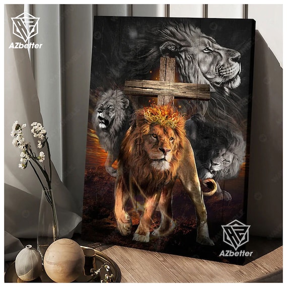 Lion Of Judah Fiery Crown Wooden Cross Standing Lion Faith Poster