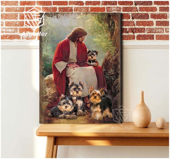 Jesus Seated with Four Yorkshire Terrier Puppies in a Garden Poster
