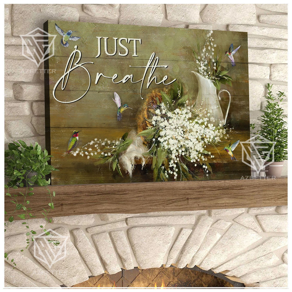 Just Breathe Rustic Calm Hummingbird Floral Pitcher Scene Poster - Image 2