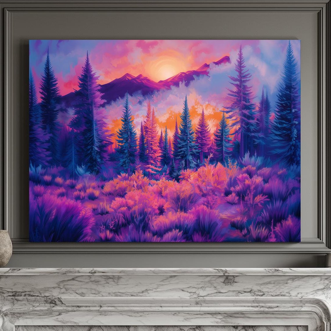 Pink Sunset Over Purple Pine Forest and Distant Peaks Art Print