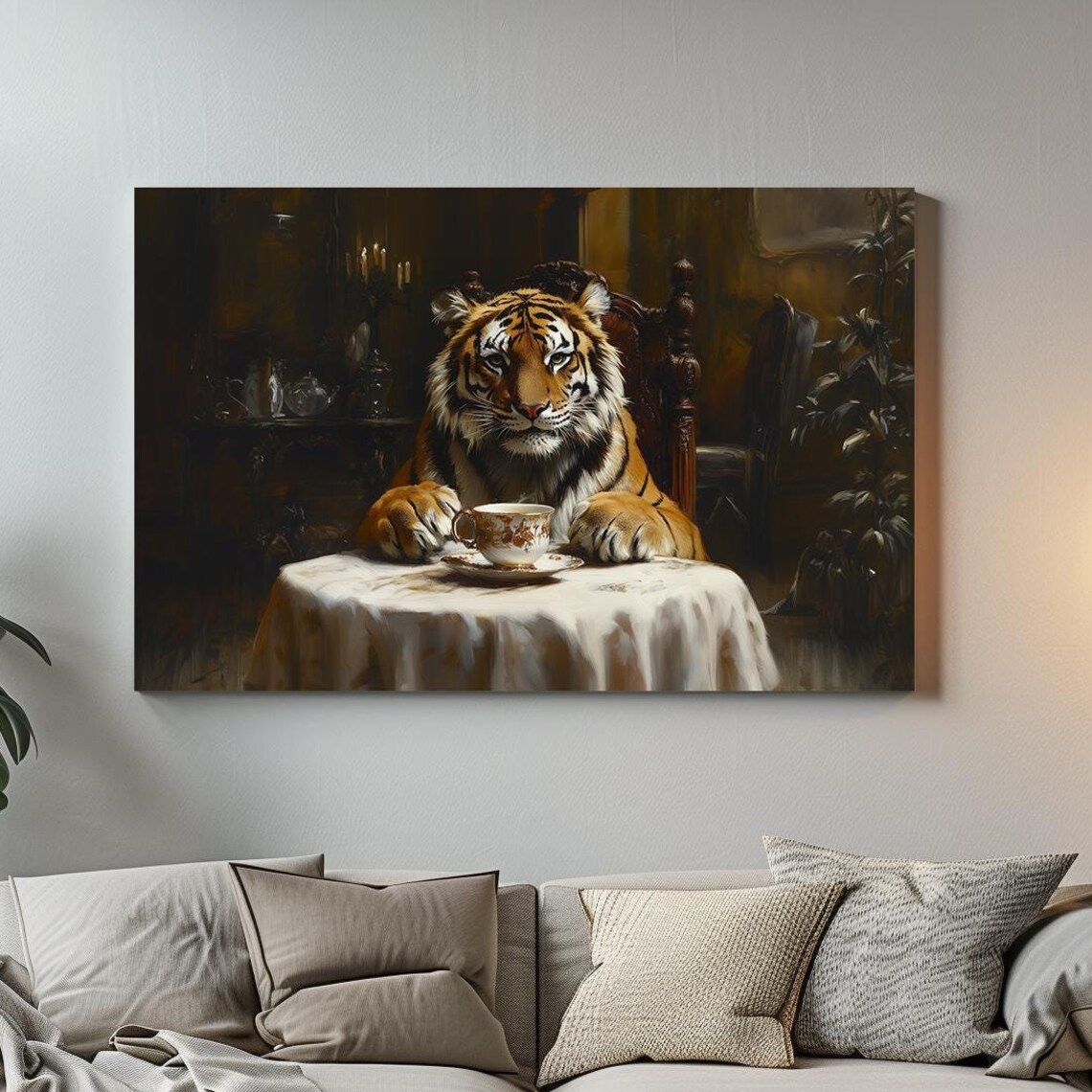 Tiger Tea Time Dark Victorian Table Oil Painting Animal Art Poster