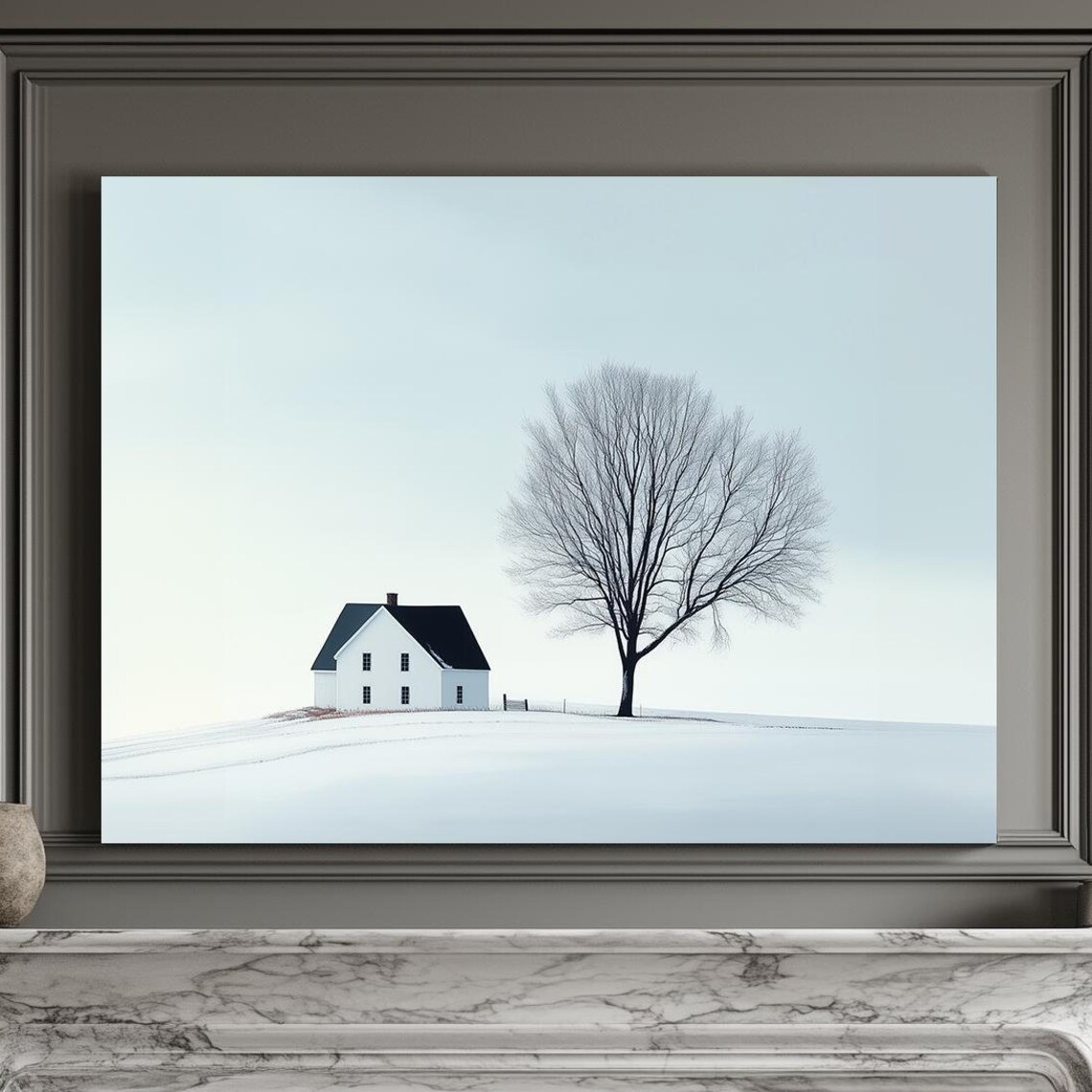 Minimalist Farmhouse And Bare Tree In Winter Snow Landscape Print
