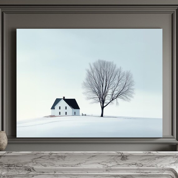 Minimalist Farmhouse And Bare Tree In Winter Snow Landscape Print