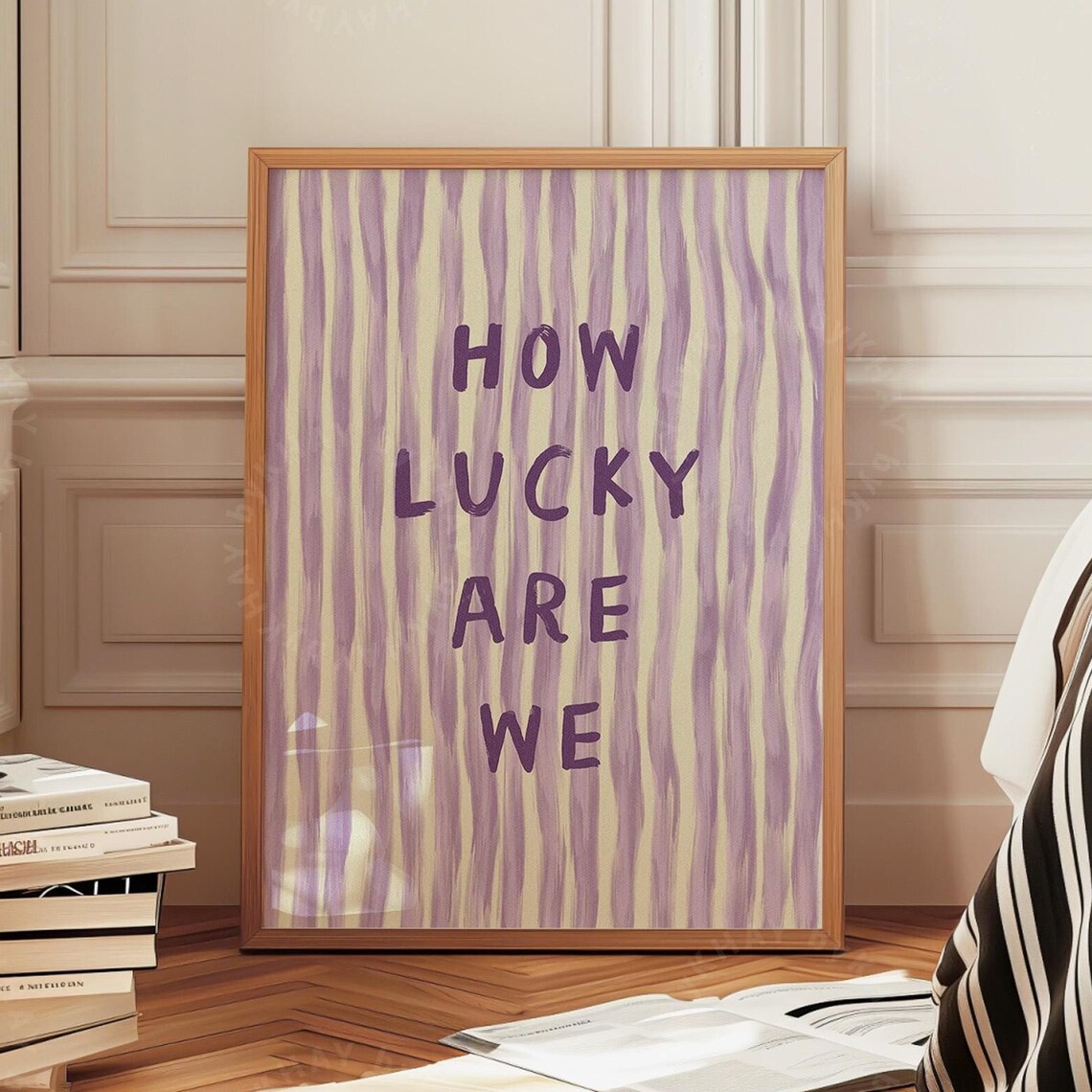 How Lucky Are We Quote Art Print, Lilac Stripe