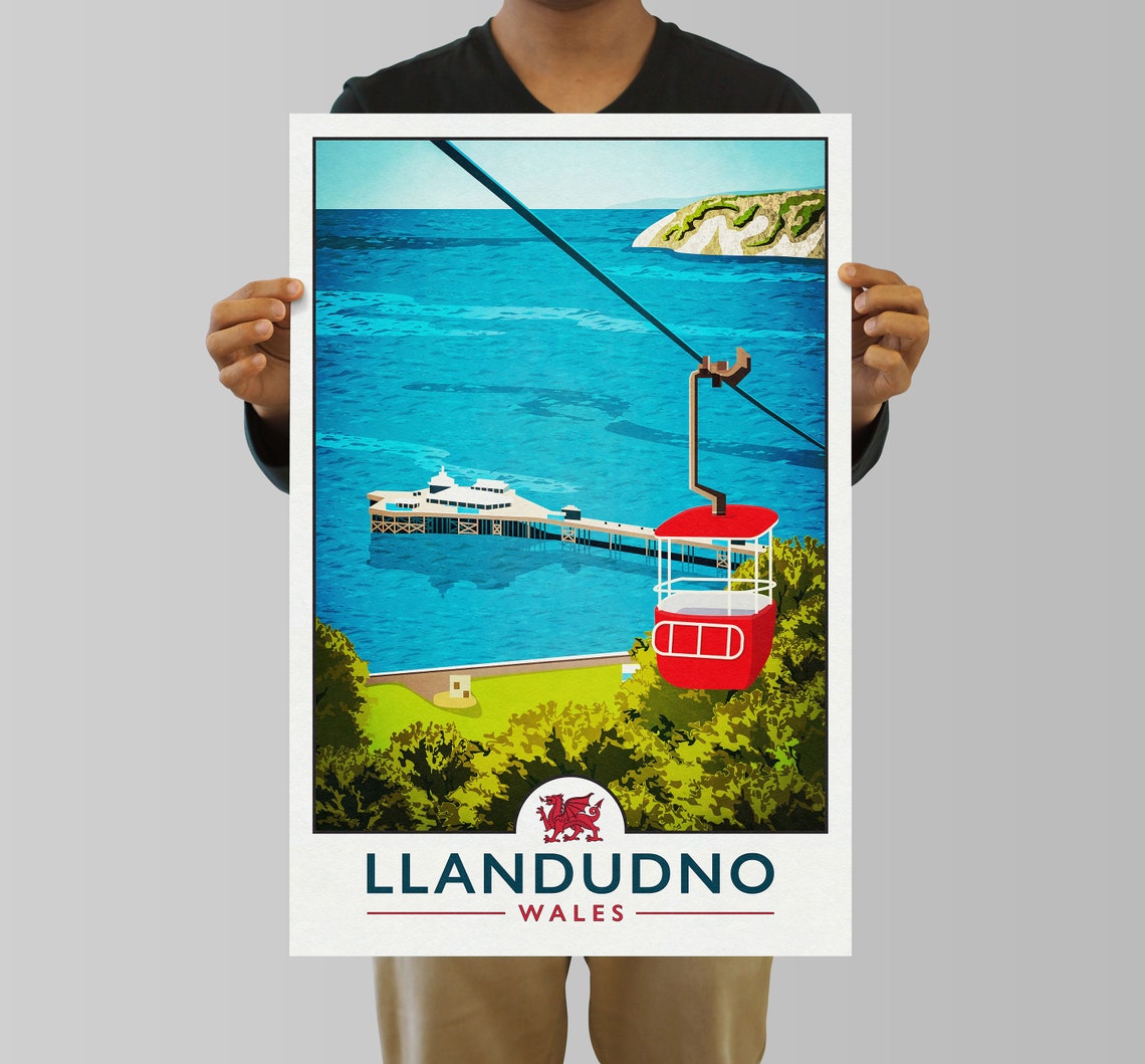 Llandudno Wales Travel Poster Red Cable Car Over Pier Great Orme View