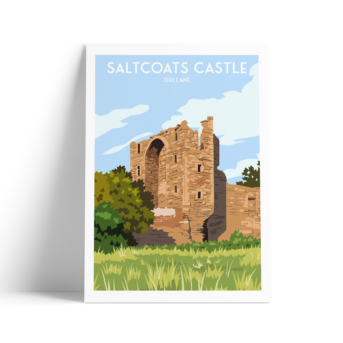 Saltcoats Castle Gullane Stone Ruins Green Grass Retro Travel Poster