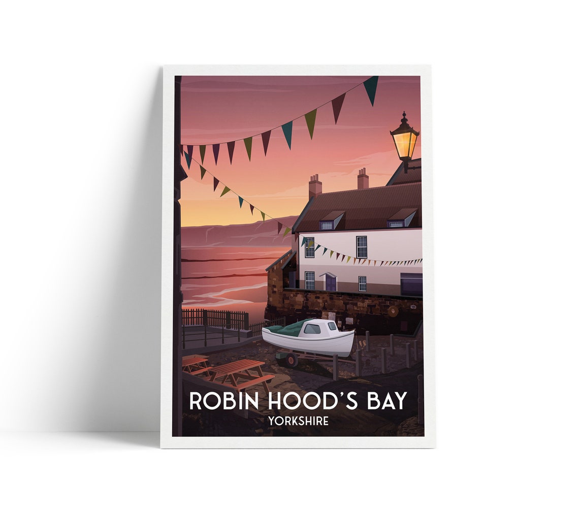 Robin Hoods Bay Yorkshire Sunset Harbor Travel Poster Fishing Village