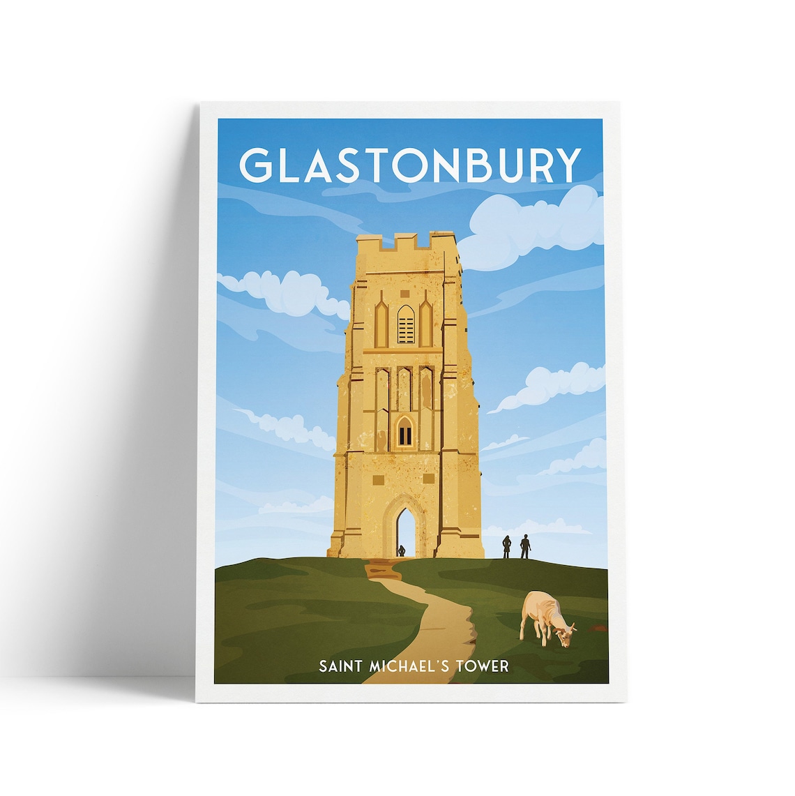 Glastonbury Saint Michaels Tower Travel Poster with Sheep and Hill Walkers