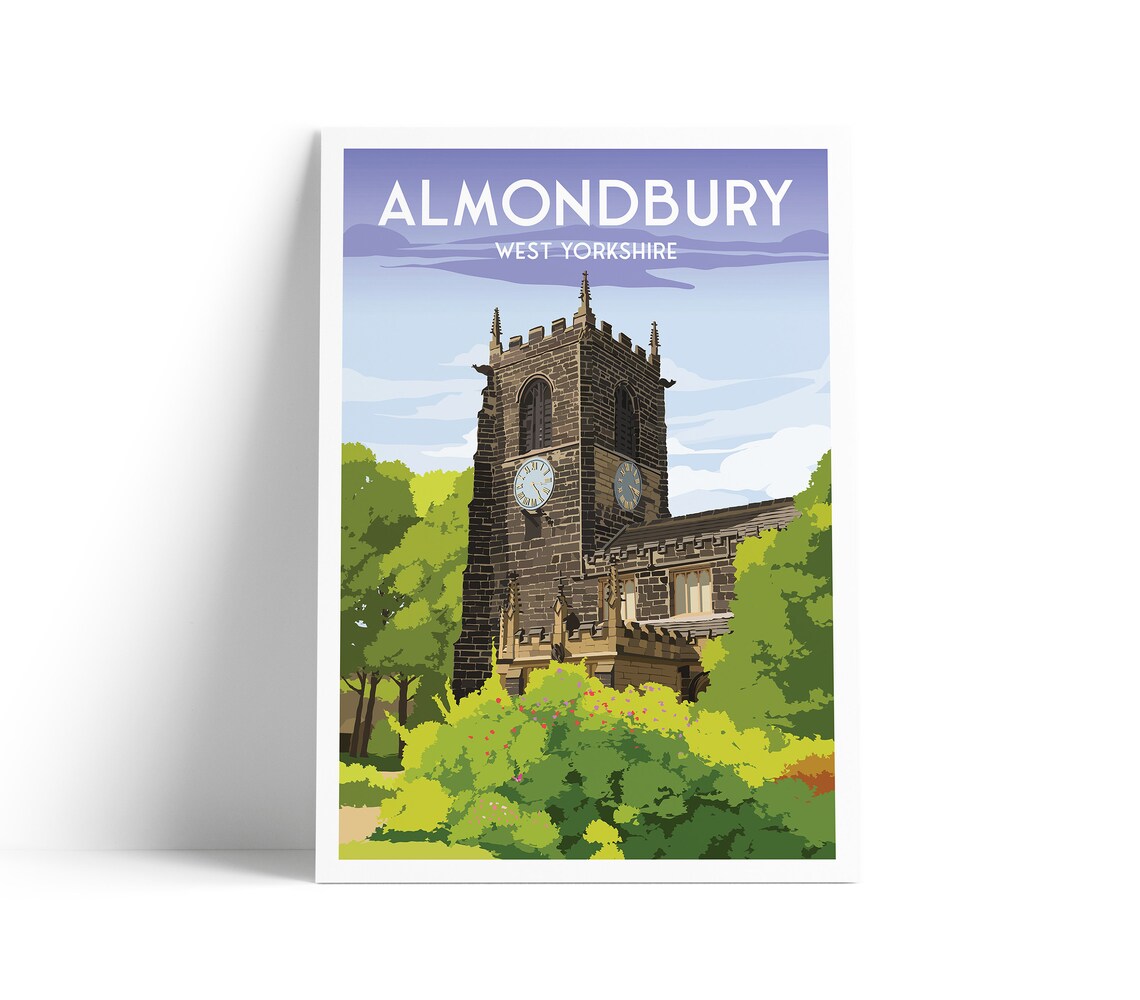 Almondbury West Yorkshire Travel Poster Historic Church Clock Tower Scene