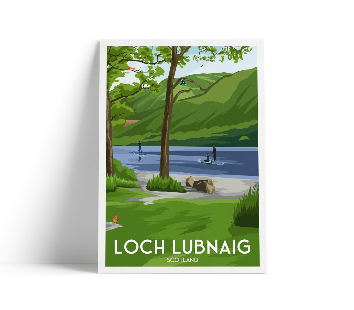 Loch Lubnaig Scotland Paddleboarding Lake Hills Green Travel Art Poster