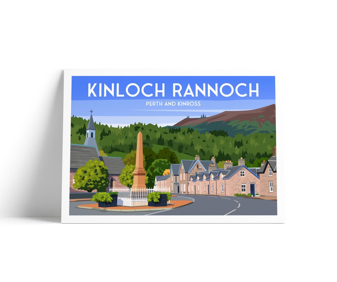 Kinloch Rannoch Travel Poster Illustrated Wall Art Print Of Perth And Kinross Village Scotland
