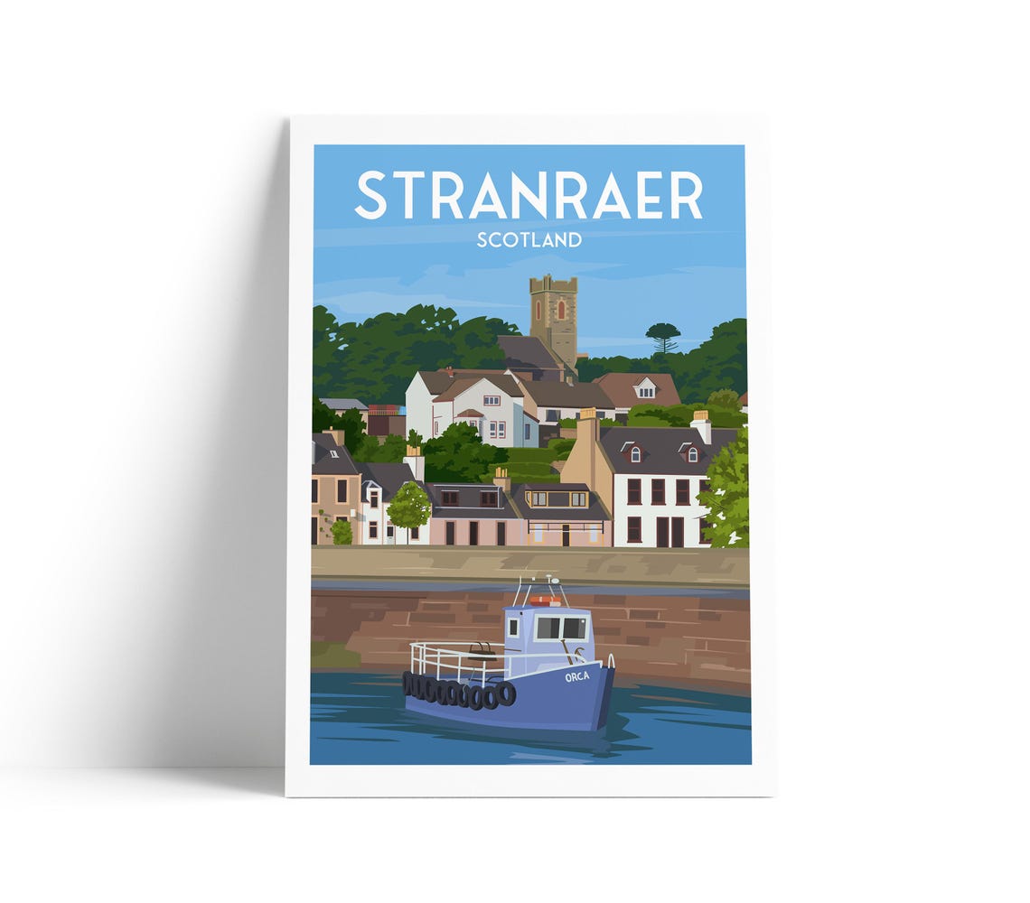 Stranraer Scotland Harbor Boat Vintage Travel Illustration Poster