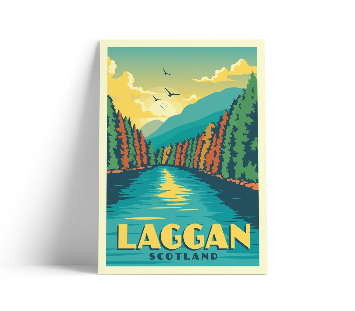Laggan Scotland Autumn River Forest Mountain Sunset Travel Poster