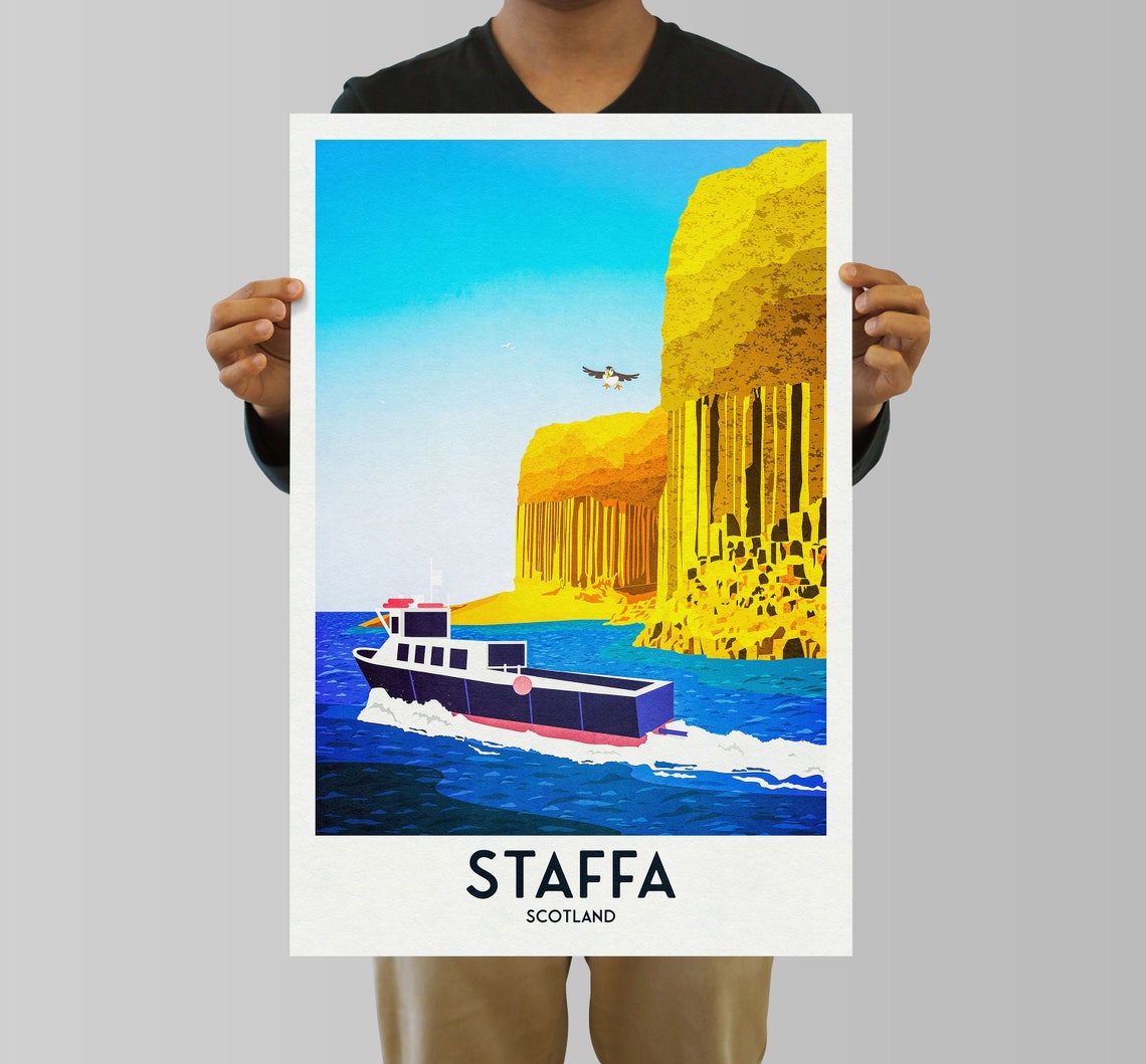 Staffa Scotland Basalt Columns Ferry Boat Puffin Travel Poster