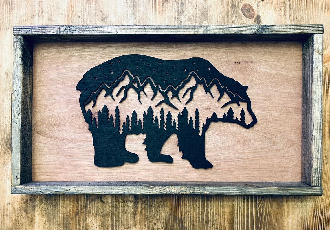 Black Bear Mountain Forest Silhouette Rustic Wood Frame Wall Art - Image 3