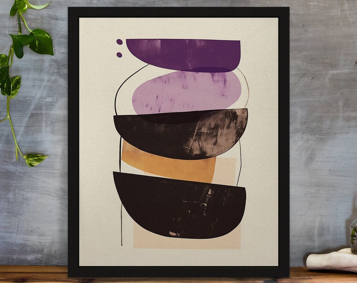 Stacked Half Circles Purple Brown Mid Century Abstract Poster - Image 3