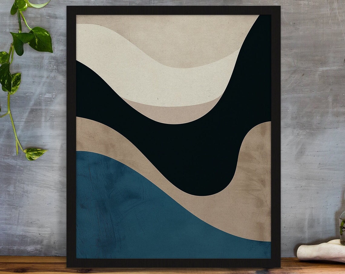 Cream Navy Teal Wavy Bands Minimalist Abstract Art Style Poster