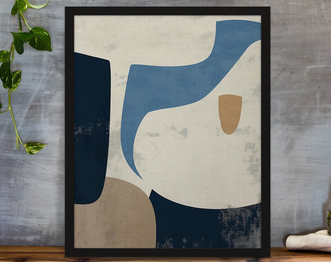 Blue Cream and Navy Organic Shapes Mid Century Modern Art Poster - Image 5