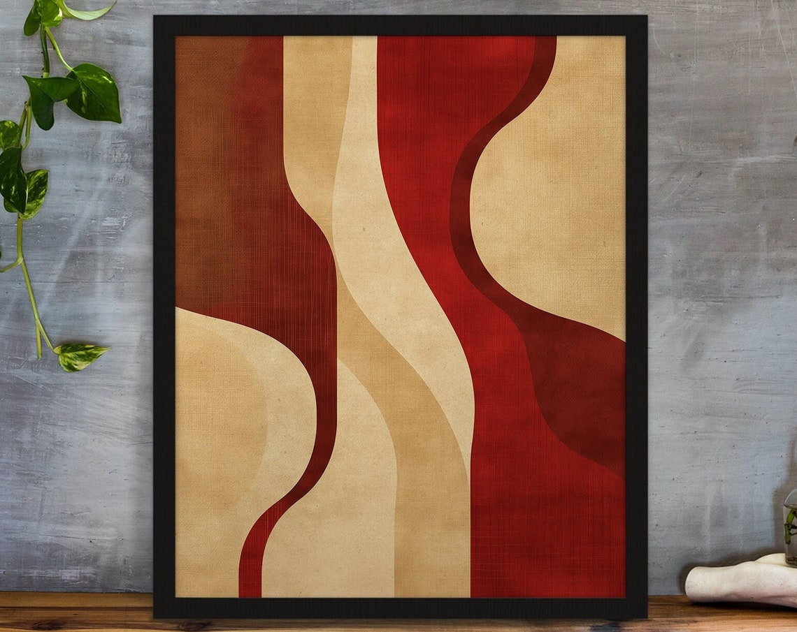 Deep Red and Cream Vertical Waves Mid Century Abstract Poster