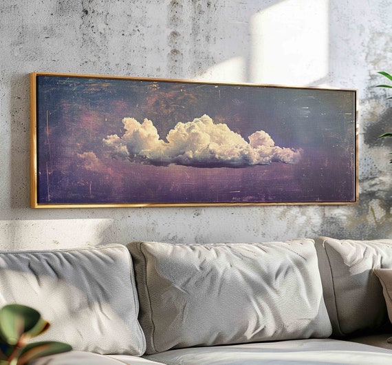 Vintage Moody Clouds Wall Art Framed Panoramic Minimalist Wall Art Horizontal Wall Art Panoramic Wall Decor Vintage Framed Art
