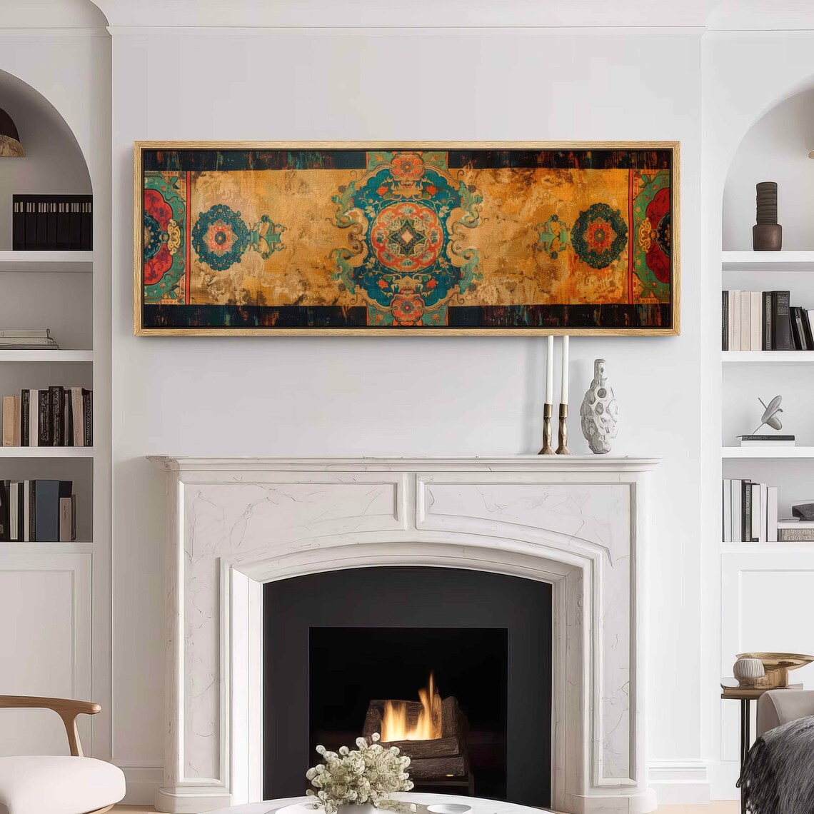Beige Gold Vintage Tapestry Teal Medallions Worn Textile Wall Art - Image 3