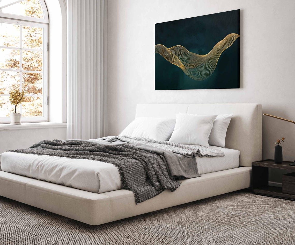 Gold Line Wave Abstract Dark Green Modern Elegant Decor Poster - Image 2