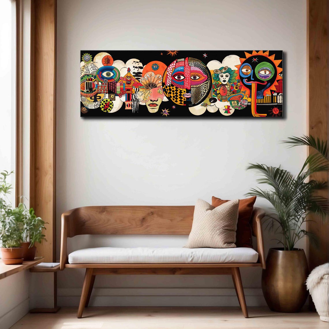 Surreal Pop Art Faces Collage Colorful Sun Eyes Black Wall Art - Image 4