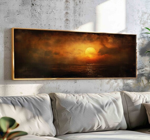 Sunset Over The Ocean Moody Panoramic Print Minimal Horizontal Wall Art Framed Vintage Painting Print Boho Wall Art Above Bed Decor