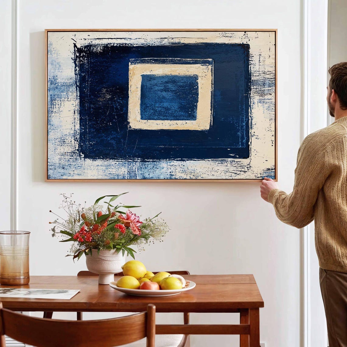 Navy Blue Concentric Squares Cream Textured Geometric Modern Art Print