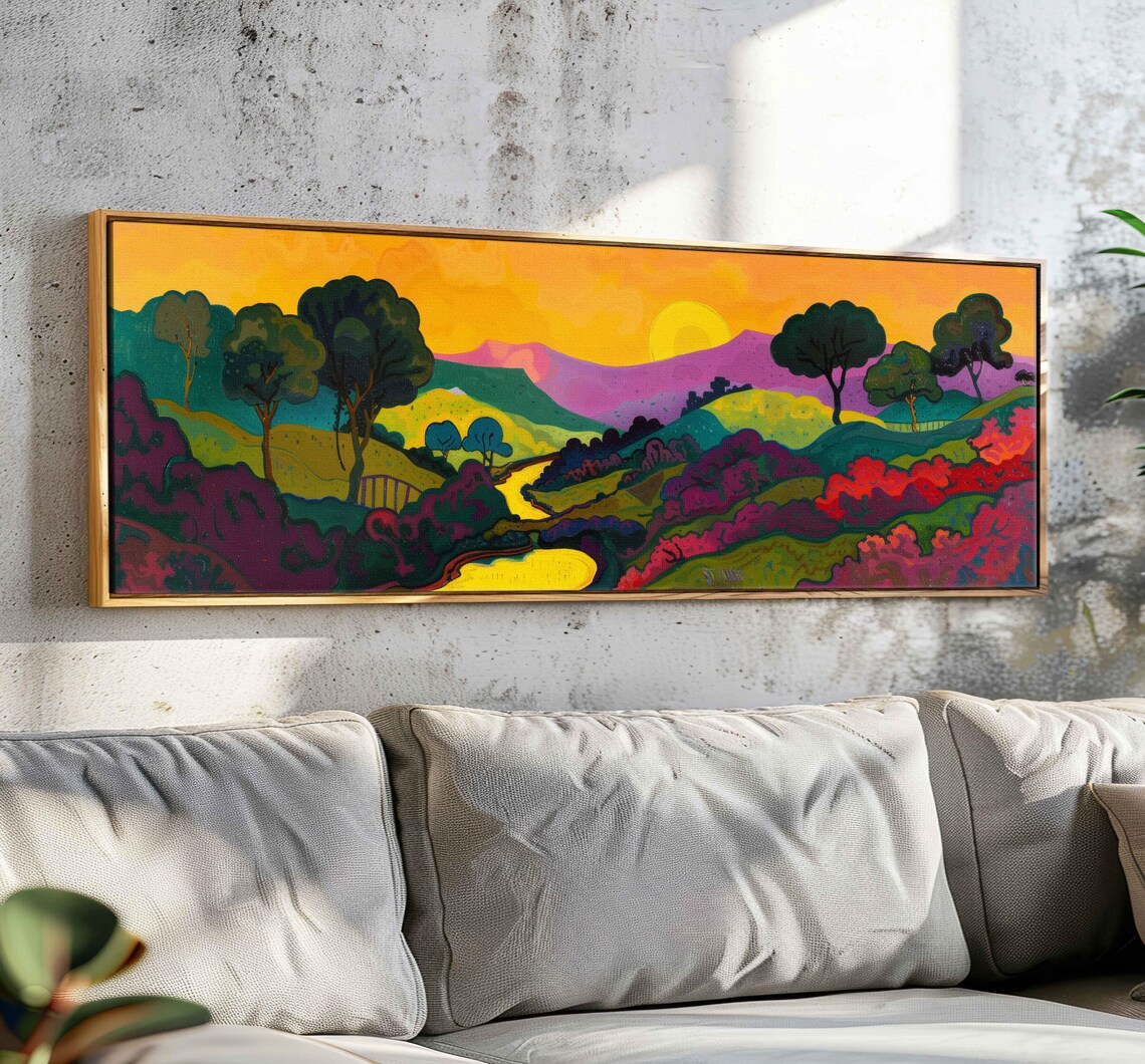 Colorful Valley Sunset Hills Painted Fauvist Landscape Panoramic Print