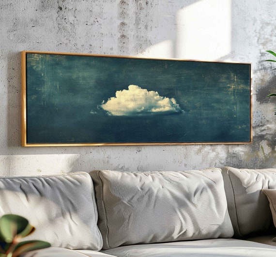 Vintage Moody Cloud Wall Art Framed Panoramic Minimalist Wall Art Horizontal Cloud Print Large Cloud Art Ultrawide Above Bed Decor
