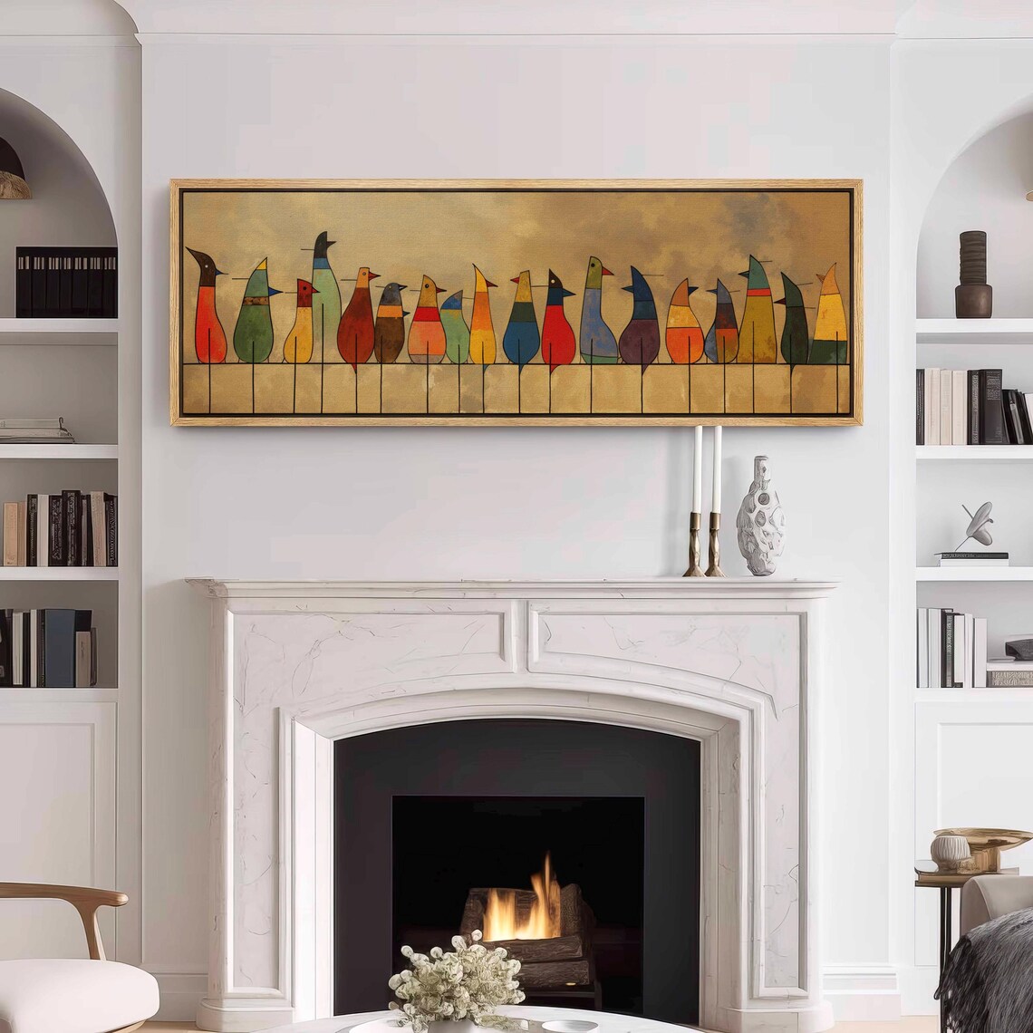 Tall Folk Art Birds On Wire Warm Gold Panoramic Minimalist Art Print - Image 3