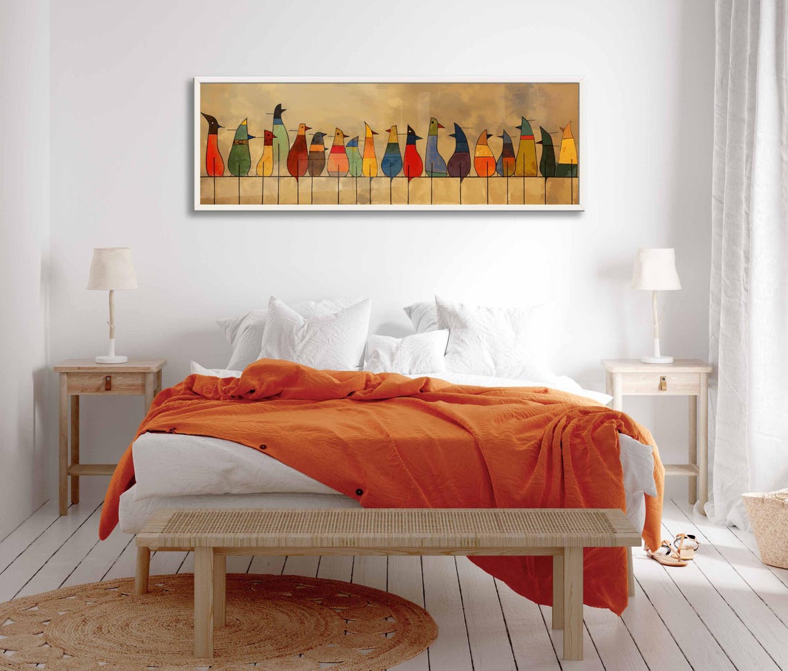Tall Folk Art Birds On Wire Warm Gold Panoramic Minimalist Art Print - Image 2