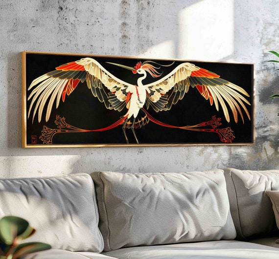 Framed Art Nouveau Crane Wall Art Horizontal Retro Phoenix Wall Art Moody Wall Art Panoramic Art Nouveau Boho Wall Art Above Bed Decor