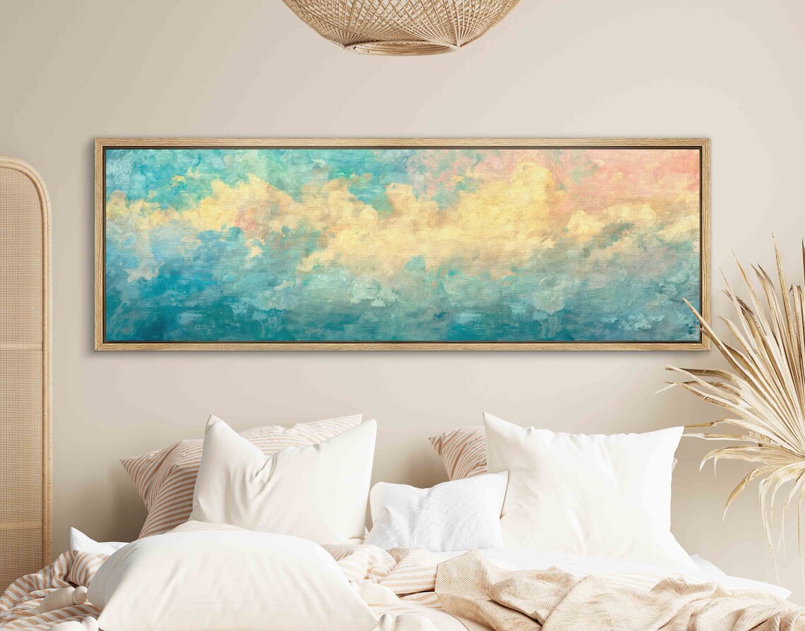 Golden Clouds in Turquoise Sky Dreamy Abstract Cloud Painting Wall Art - Image 2