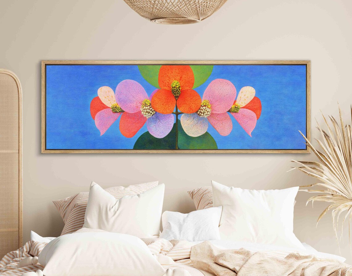 Colorful Geometric Blossoms on Cobalt Blue Modern Floral Wall Art - Image 2