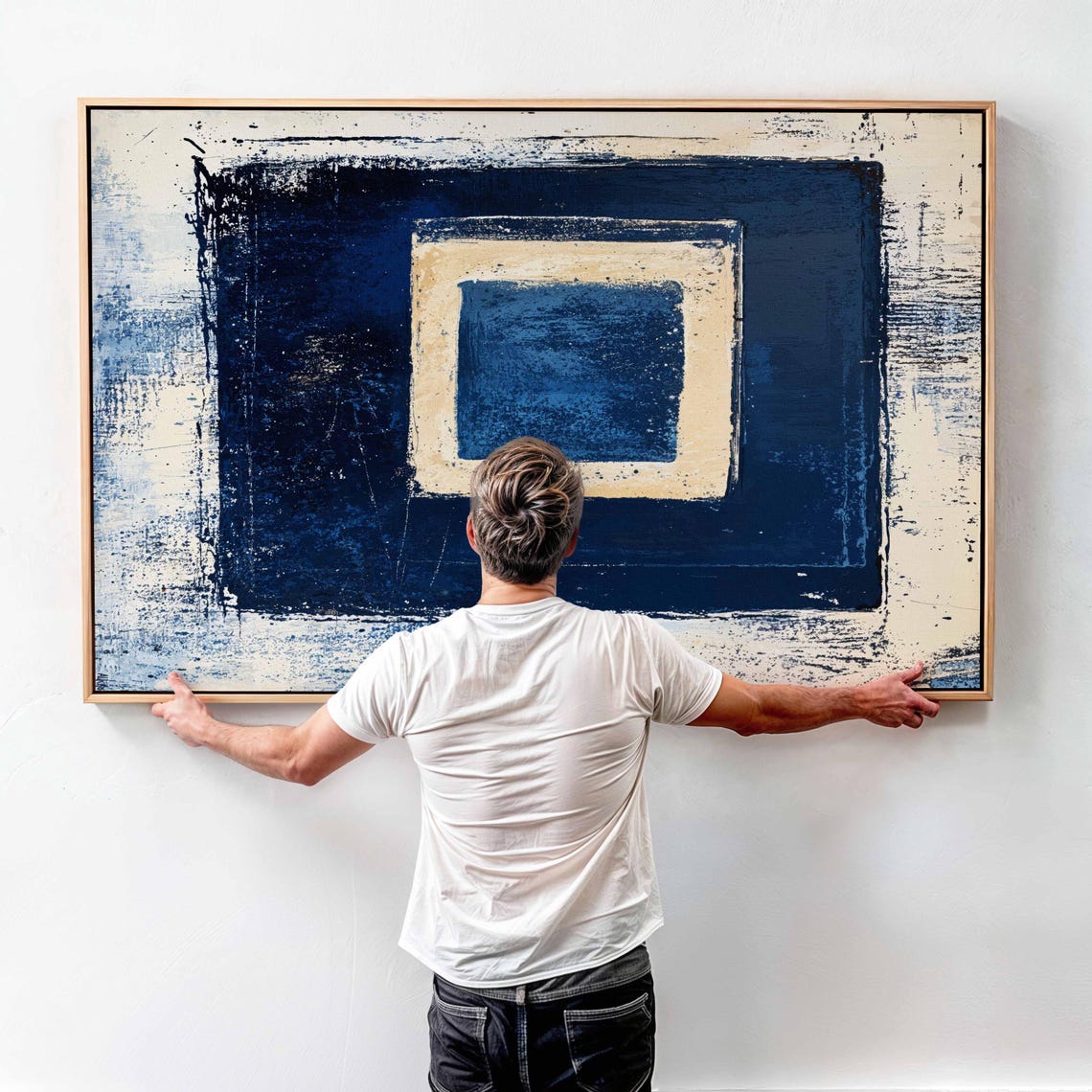 Navy Blue Concentric Squares Cream Textured Geometric Modern Art Print - Image 3