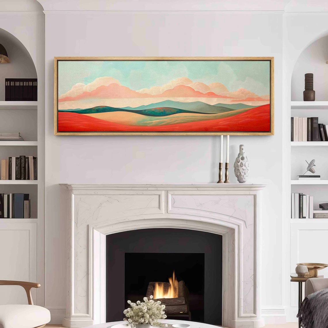 Coral Red Desert Dunes Teal Hills Minimal Pastel Landscape Wall Art - Image 3