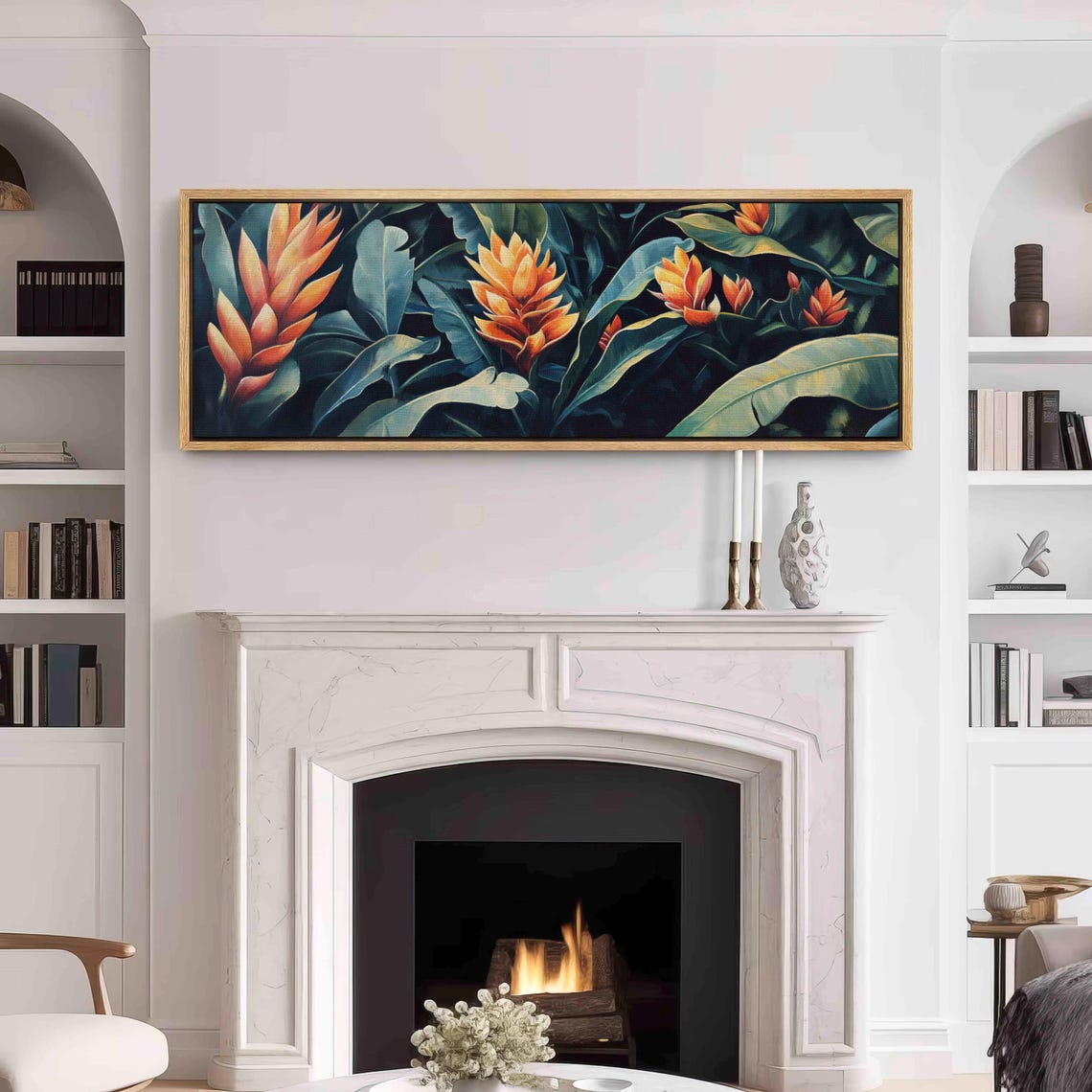 Orange Tropical Torch Ginger Blooms Dark Moody Jungle Floral Wall Art - Image 3