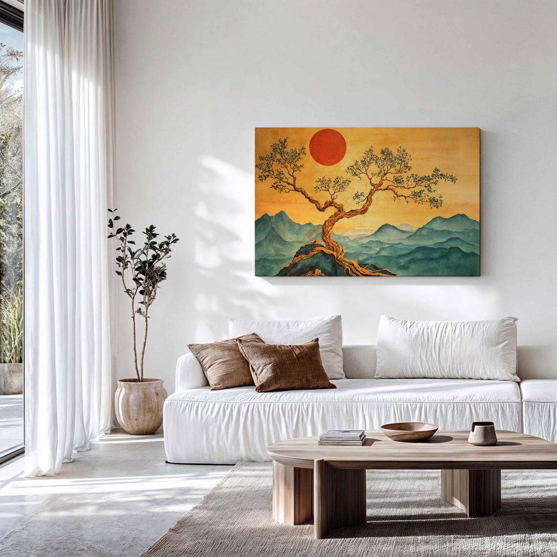Japanese Red Sun Over Mountains Twisted Tree Golden Sky Wall Art - Image 3