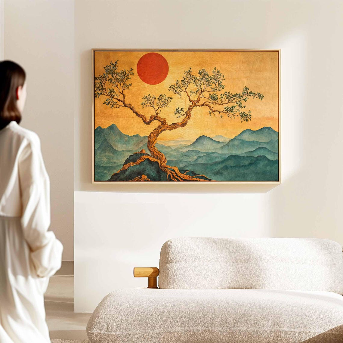 Japanese Red Sun Over Mountains Twisted Tree Golden Sky Wall Art - Image 2