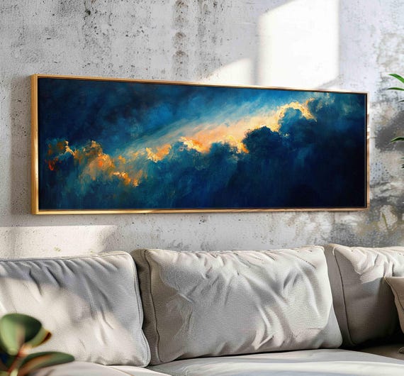 Vintage Moody Cloud Wall Art Minimalist Moody Wall Art Framed Horizontal Wall Art Large Painting Print Oversized Panoramic Wall Decor